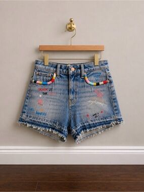 GUESS Graffiti Denim Cutoff Shorts Rainbow Trim Size 24